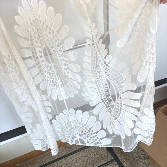 Bohemian Long Embroidered Lace Kimono Cover-Up White Sheer Beach Vacation Medium - Picture 5 of 7